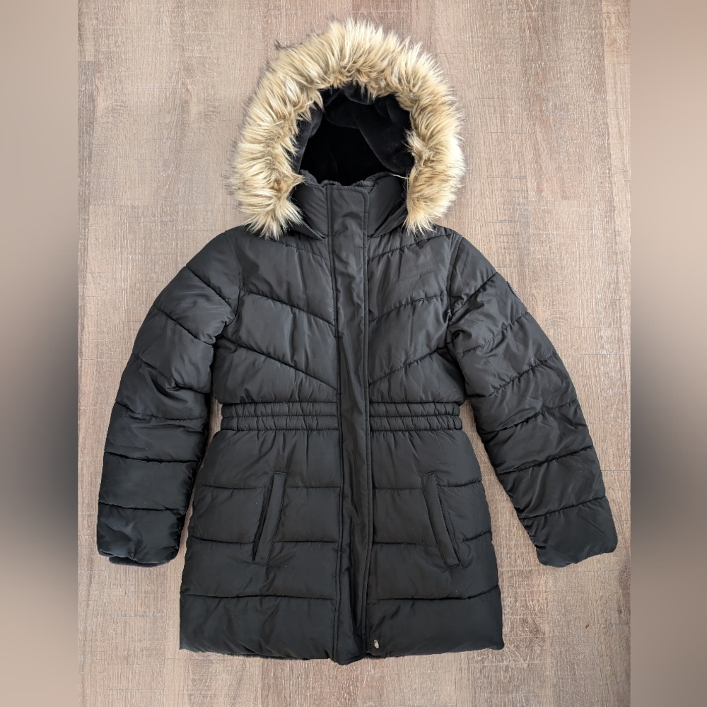 Girls Abercrombie & Fitch Ultra Black Puffer Coat with Faux Fur Trim